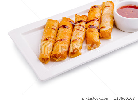 Crispy spring rolls served with sweet dipping sauce on a plate Crispy spring rolls served with sweet dipping sauce on a plate 123660168