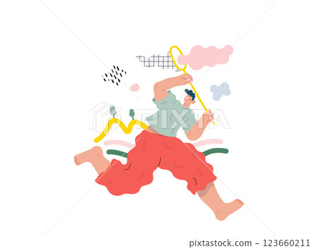 Life Unframed: Cloud catcher -modern flat vector concept illustration of running man with butterfly net. Metaphor of unpredictability, imagination, whimsy, cycle of existence, play, growth, discovery 123660211