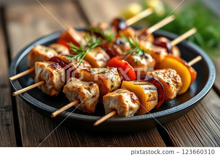 Mediterranean-Style Grilled Chicken and Bell Pepper Kebabs with Fresh Herbs on Rustic Cast Iron Serving Plate Mediterranean-Style Grilled Chicken and Bell Pepper Kebabs with Fresh Herbs on Rustic Cast Iron Serving Plate 123660310