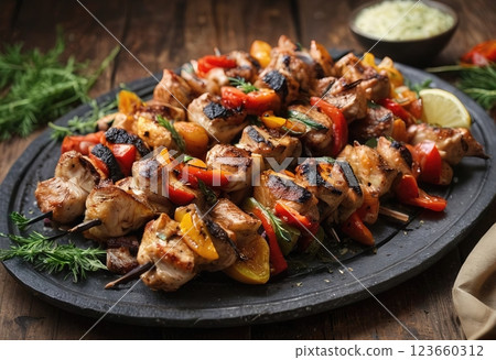 Mediterranean-Style Grilled Chicken and Bell Pepper Kebabs with Fresh Herbs on Rustic Cast Iron Serving Plate 123660312