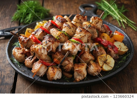 Mediterranean-Style Grilled Chicken and Bell Pepper Kebabs with Fresh Herbs on Rustic Cast Iron Serving Plate 123660324