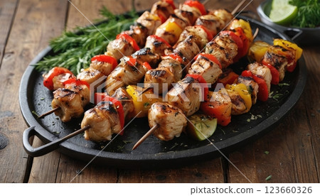 Mediterranean-Style Grilled Chicken and Bell Pepper Kebabs with Fresh Herbs on Rustic Cast Iron Serving Plate 123660326