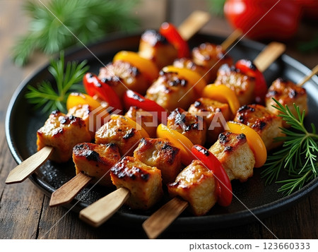 Mediterranean-Style Grilled Chicken and Bell Pepper Kebabs with Fresh Herbs on Rustic Cast Iron Serving Plate 123660333