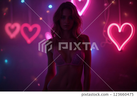 beautiful lingerie on a woman body, dark night background with a bokeh heart lights 123660475