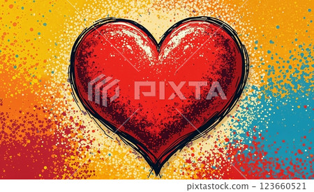 bright and colorful illustration with heart as abstract background of Valentine's Day holiday, bright and saturated dynamic color with spots and splashes of paint in pop art style bright and colorful illustration with heart as abstract background of Valentine's Day holiday, bright and saturated dynamic color with spots and splashes of paint in pop art style 123660521