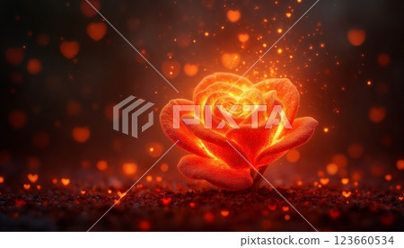 a red rose flower burning with fire on a dark background with flames and hearts, an abstract dark backdrop for the Valentine's Day celebration 123660534