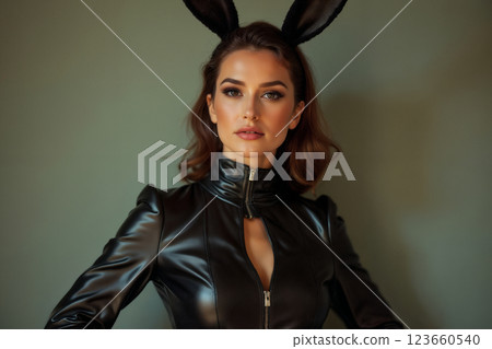 portrait of a sexy girl wearing in skin-tight leather catsuit with a bunny ear mask, against a wall portrait of a sexy girl wearing in skin-tight leather catsuit with a bunny ear mask, against a wall 123660540