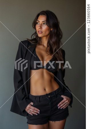 portrait of a young beautiful woman posing against a wall wearing a black blazer, shorts and bra 123660564