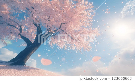 Landscape with cherry blossoms and clouds 123660663