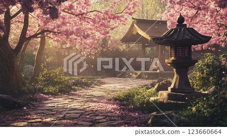A temple at night with cherry blossom petals falling 123660664