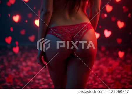 beautiful lingerie on a woman body, back view, dark night background with a bokeh heart lights beautiful lingerie on a woman body, back view, dark night background with a bokeh heart lights 123660707