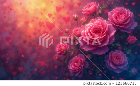 a soft pink rose flower on an abstract bokeh background with hearts and lights, an abstract backdrop for the Valentine's Day celebration 123660713