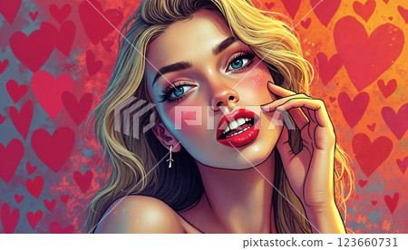 portrait of a girl with beautiful face and makeup, pop art illustration on abstract color background portrait of a girl with beautiful face and makeup, pop art illustration on abstract color background 123660731