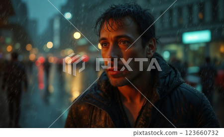 portrait of a man on the street of a night city, it's raining, street lights are reflected, raindrops, gloomy surroundings at dusk portrait of a man on the street of a night city, it's raining, street lights are reflected, raindrops, gloomy surroundings at dusk 123660732