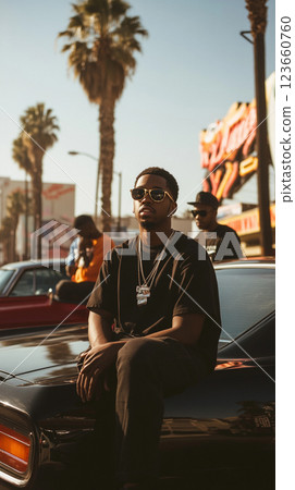 stylish man wearing sunglasses sits on classic car, surrounded by palm trees and urban scenery, exuding cool vibe. atmosphere is vibrant and lively stylish man wearing sunglasses sits on classic car, surrounded by palm trees and urban scenery, exuding cool vibe. atmosphere is vibrant and lively 123660760