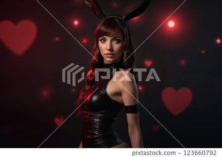 portrait of a young beautiful girl in a black leather tight catsuit with a bunny ear mask, on a dark abstract background with bokeh hearts portrait of a young beautiful girl in a black leather tight catsuit with a bunny ear mask, on a dark abstract background with bokeh hearts 123660792