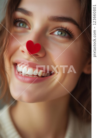 portrait of young beautiful girl with heart shaped valentine on her nose, happy and laughing face 123660801