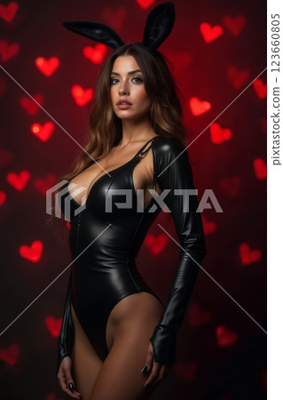 portrait of a young beautiful girl in a black leather tight catsuit with a bunny ear mask, on a dark abstract background with bokeh hearts 123660805