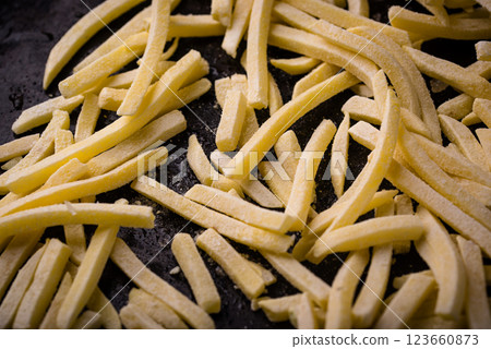 Frozen potato french fries, junk food 123660873