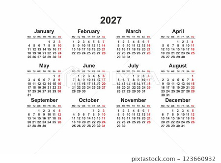2027 Monday Start Horizontal Black and White Red Calendar Template, Simple layout of pocket or wall calendars. Yearly Stationery organizer in minimal design 2027 Monday Start Horizontal Black and White Red Calendar Template, Simple layout of pocket or wall calendars. Yearly Stationery organizer in minimal design 123660932