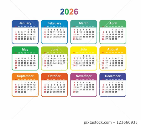 Calendar grid 2026 colorful vector Simple layout of pocket or wall calendar, Sunday Start Horizontal colorful calendar Calendar grid 2026 colorful vector Simple layout of pocket or wall calendar, Sunday Start Horizontal colorful calendar 123660933