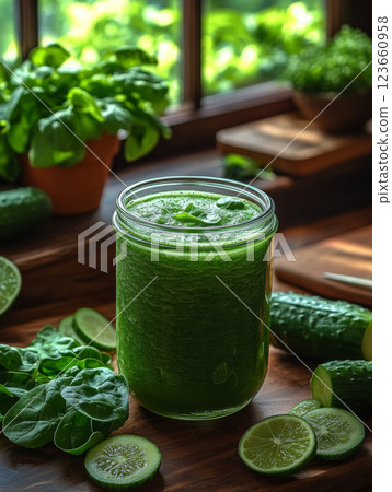 Fresh green smoothie in jar surrounded by cucumbers and spinach, showcasing healthy lifestyle. vibrant colors and natural light create inviting atmosphere Fresh green smoothie in jar surrounded by cucumbers and spinach, showcasing healthy lifestyle. vibrant colors and natural light create inviting atmosphere 123660958