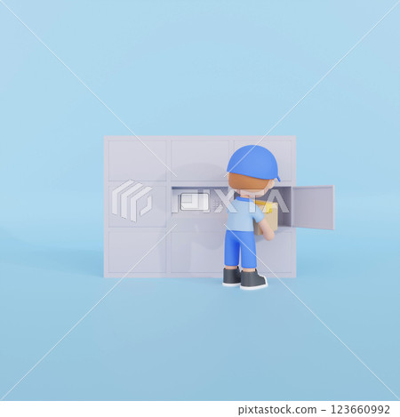 3DCG | A male delivery man putting a package into a delivery box 123660992