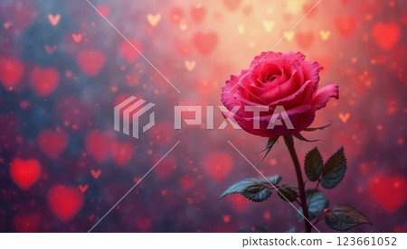 a soft pink rose flower on an abstract bokeh background with hearts and lights, an abstract backdrop for the Valentine's Day celebration 123661052