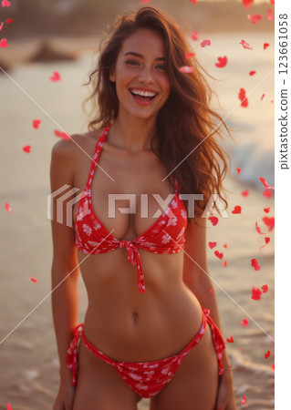 portrait of young beautiful girl wearing bikini swimsuit and posing on resort beach with view of sea. Surrounded by many red and pink hearts and petals. 123661058