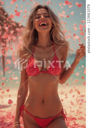 portrait of young beautiful girl wearing bikini swimsuit and posing on resort beach with view of sea. Surrounded by many red and pink hearts and petals. 123661076