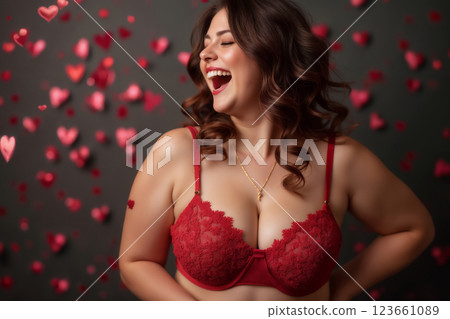 portrait of a beautiful woman in lingerie on a body with hearts bokeh 123661089