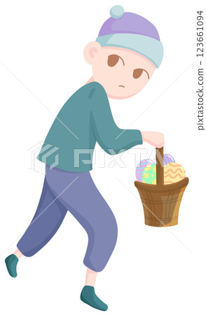 A young boy holding a basket full of Easter eggs A young boy holding a basket full of Easter eggs 123661094