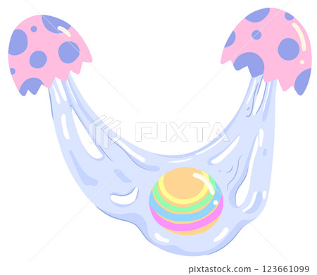 A cracked pink Easter egg with a rainbow-colored yolk A cracked pink Easter egg with a rainbow-colored yolk 123661099