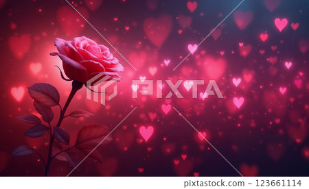 a soft pink rose flower on an abstract bokeh background with hearts and lights, an abstract backdrop for the Valentine's Day celebration 123661114