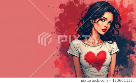 portrait of a girl with beautiful face and makeup, wearing a T-shirt with a big red heart, pop art illustration on abstract background 123661132