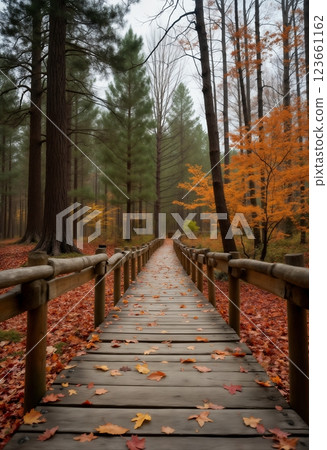 an impressive autumn landscape, a wooden path in the forest, between beautiful trees with fallen leaves, beautiful nature 123661162