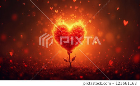 a red heart burning with fire on a dark background with flames, an abstract dark backdrop for the Valentine's Day celebration 123661168
