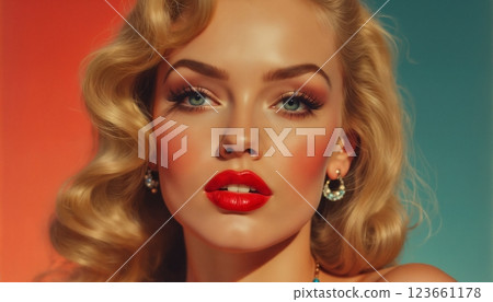 portrait of a girl with beautiful face and makeup, on abstract color background, romantic mood 123661178