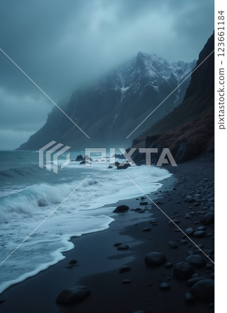 impressive seascape of the north, gloomy cold sea and rocks, haze, cold and gloomy surroundings, dramatic sky with clouds 123661184