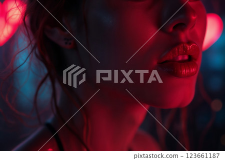 beautiful woman portrait on a dark background with a bokeh hearts 123661187