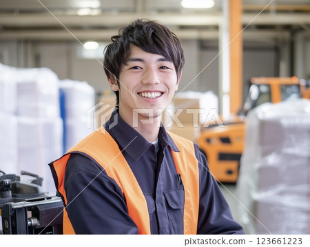 AI 產生的圖像：一位在配送倉庫工作的日本年輕人的肖像 123661223