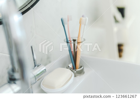 Toothbrushes in a stylish bathroom 123661267
