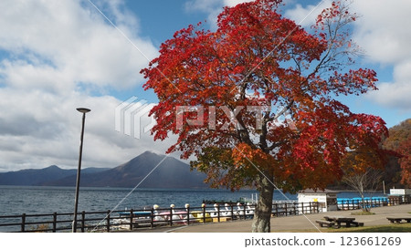 Lake Shikotsu and autumn leaves Lake Shikotsu and autumn leaves 123661269