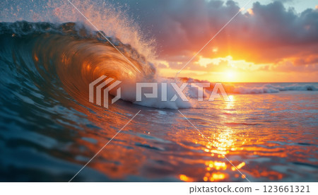 an impressive seascape low angle view, a large and beautiful ocean wave on the beach, at sunset, sunlight and wind breaking through the crest of the wave, beautiful nature as a background 123661321
