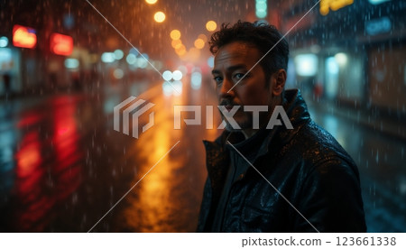 portrait of a man on the street of a night city, it's raining, street lights are reflected, raindrops, gloomy surroundings at dusk 123661338
