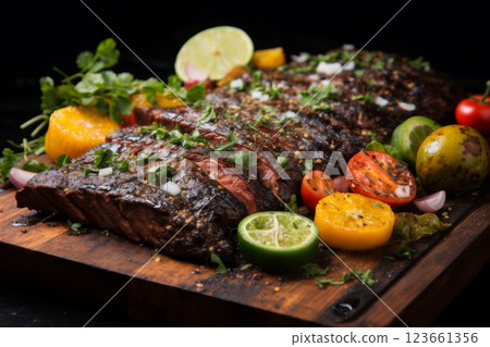 grilled meat and vegetables and herbs cooked on fire as a barbecue, roast in a frying pan, delicious food 123661356
