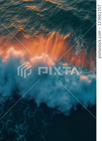 an impressive seascape view from above, a large and beautiful ocean wave on the beach, at sunset, sunlight and wind breaking through the crest of the wave, beautiful nature as a background 123661357