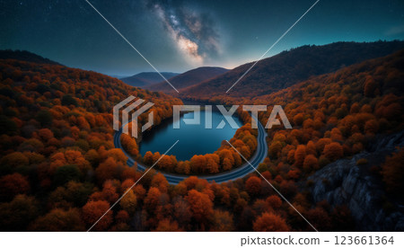 an impressive autumn landscape, forest and mountains at night, a road to the horizon and a lake, starry sky, beautiful nature 123661364