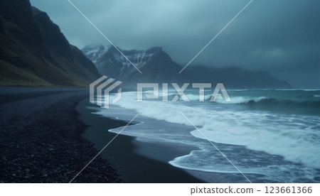 impressive seascape of the north, gloomy cold sea and rocks, haze, cold and gloomy surroundings, dramatic sky with clouds 123661366
