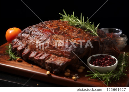 grilled meat and vegetables and herbs cooked on fire as a barbecue, delicious food 123661627